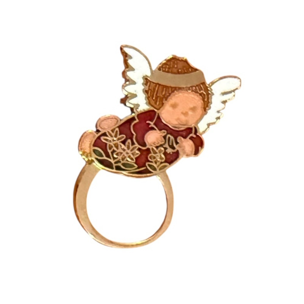 Vintage Enamel Angel Scarf Ring Brooch Gold with White Wings